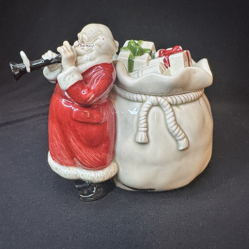 Vintage OMC Japan Santa Claus Playing Clarinet Candy Jar Christmas 1960s